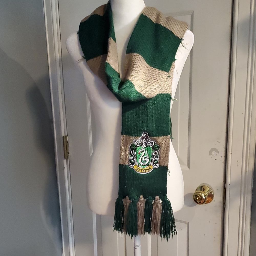 Harry Potter Striped Green and Tan Scarf with Slytherin Emblem